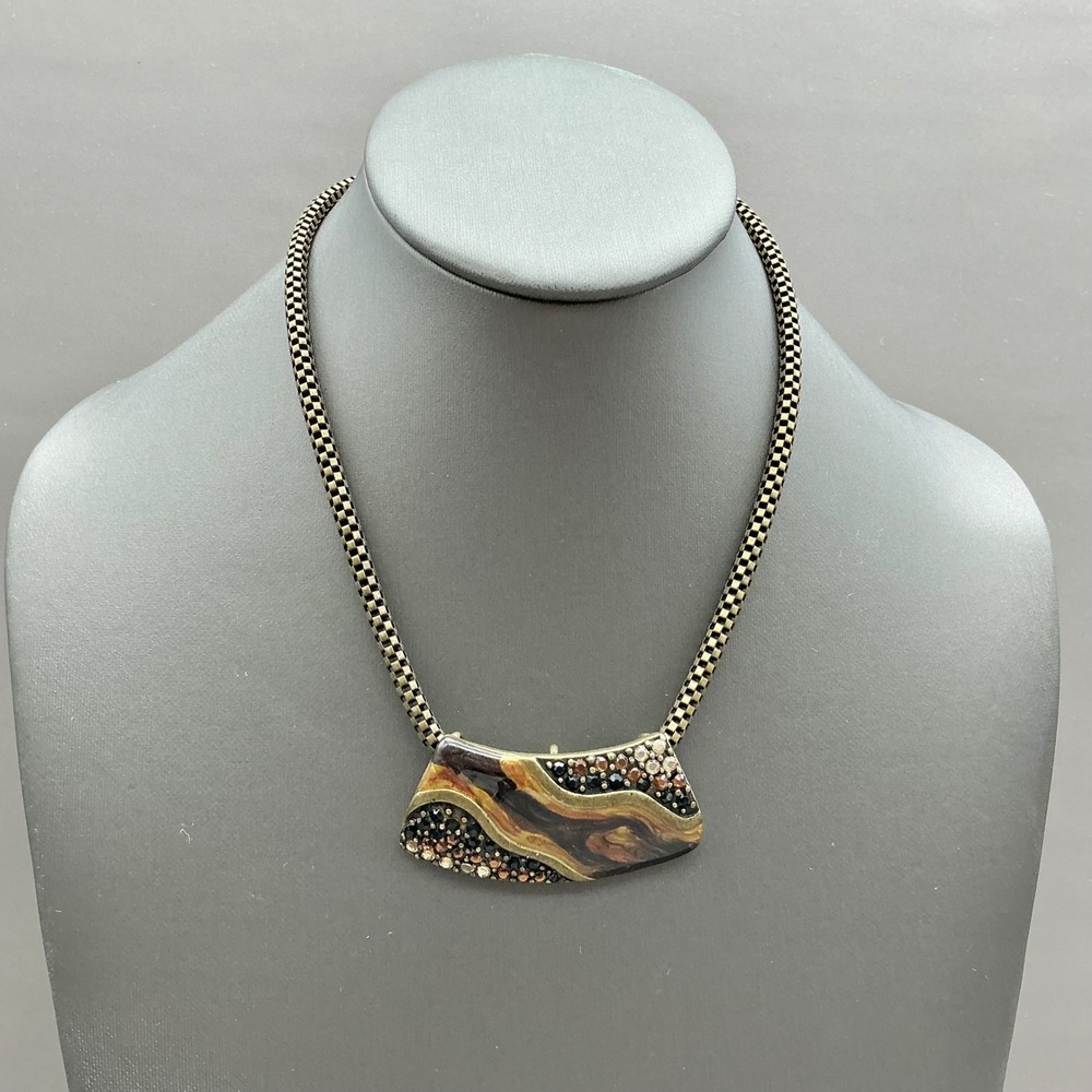 Chico's Necklace Rhinestone Marbled Brown Gold Tone Statement Pendant 18"